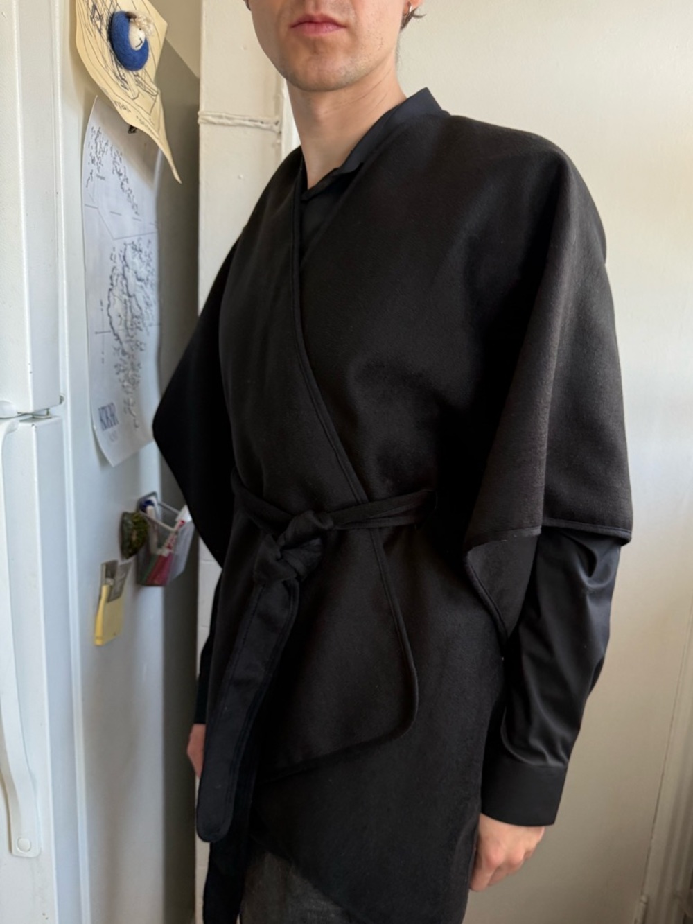 Vince Camuto Black Wrap Cape Coat with Tie Belt